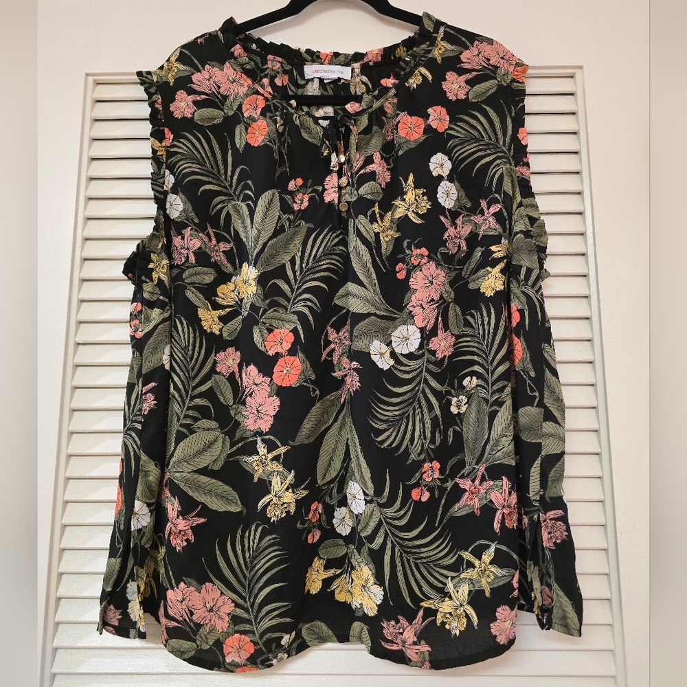 Liz Claiborne - (Plus Size) Tropical Floral Ruffle Sleeveless Lightweight Top